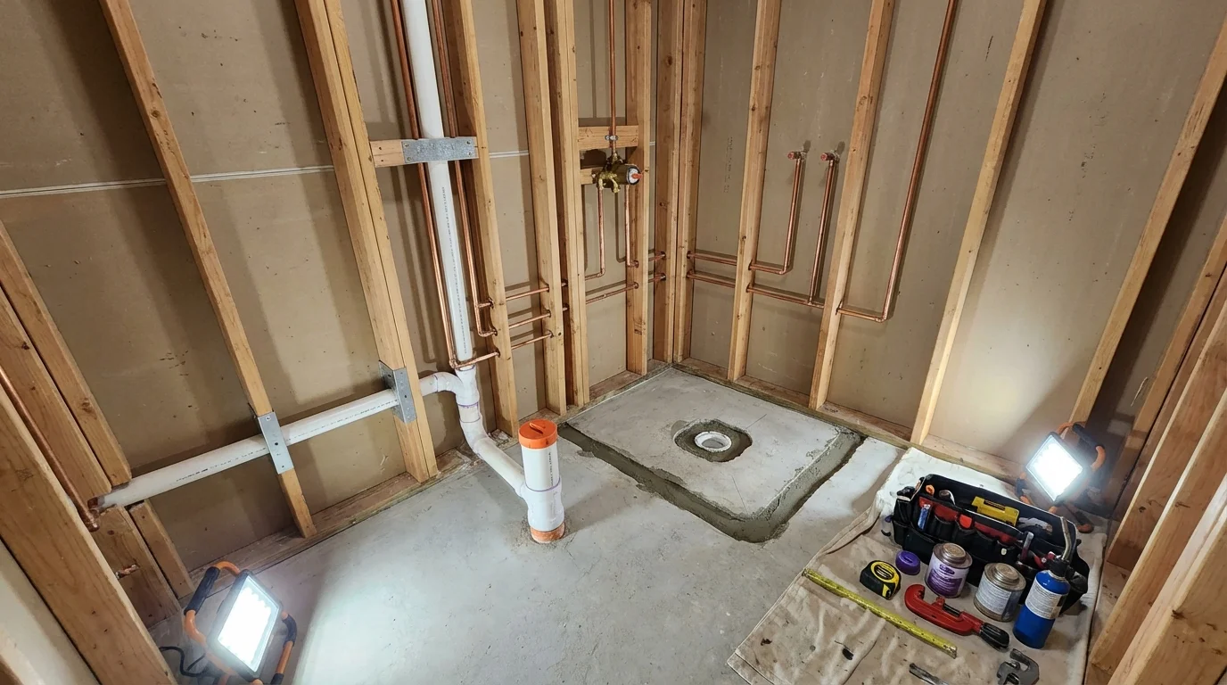 Bathroom rough-in plumbing during remodel by Johns Plumbing LLC in Chalfont
