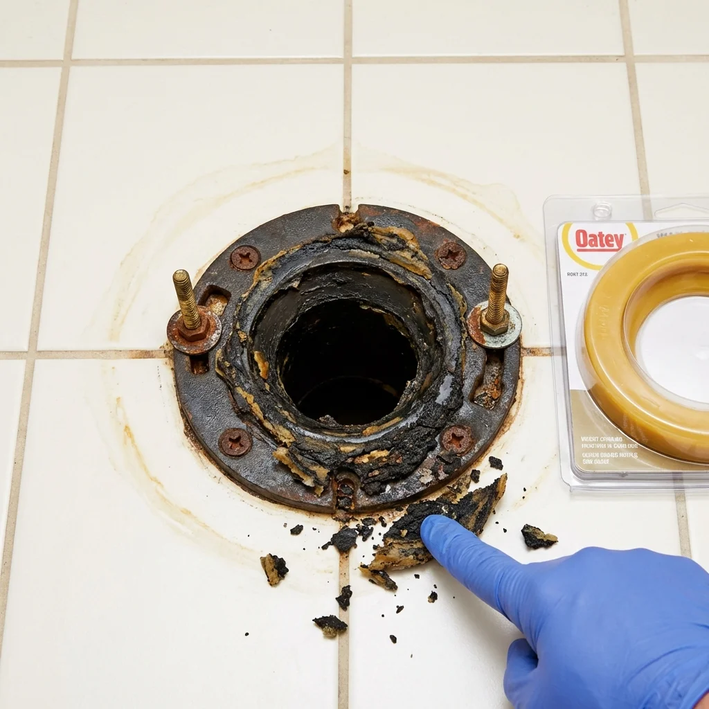 Failed wax ring showing water seepage at the base of a toilet in a Chalfont, PA home