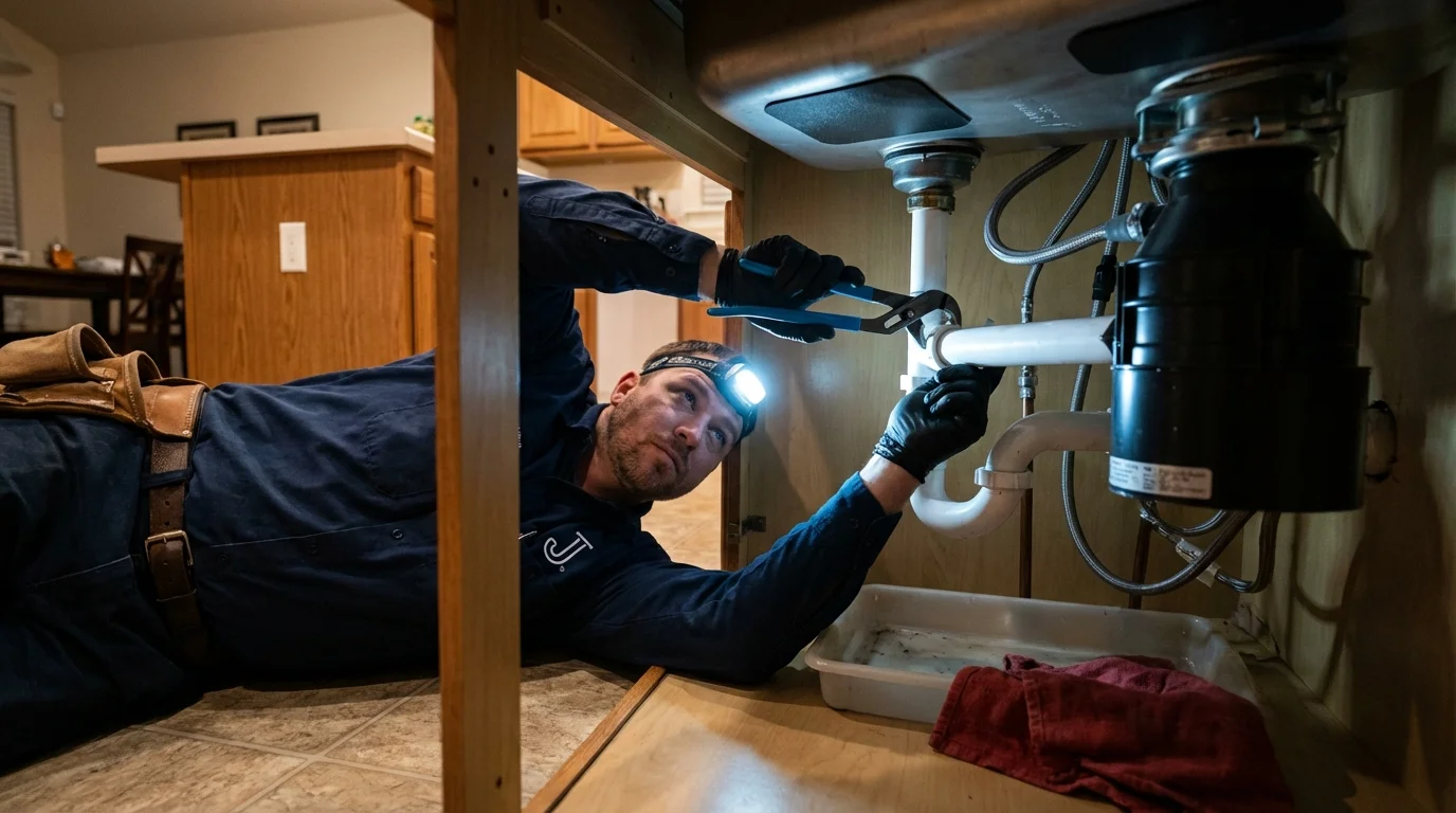 P-trap and supply line connections under a kitchen sink showing a common leak point in Chalfont, PA
